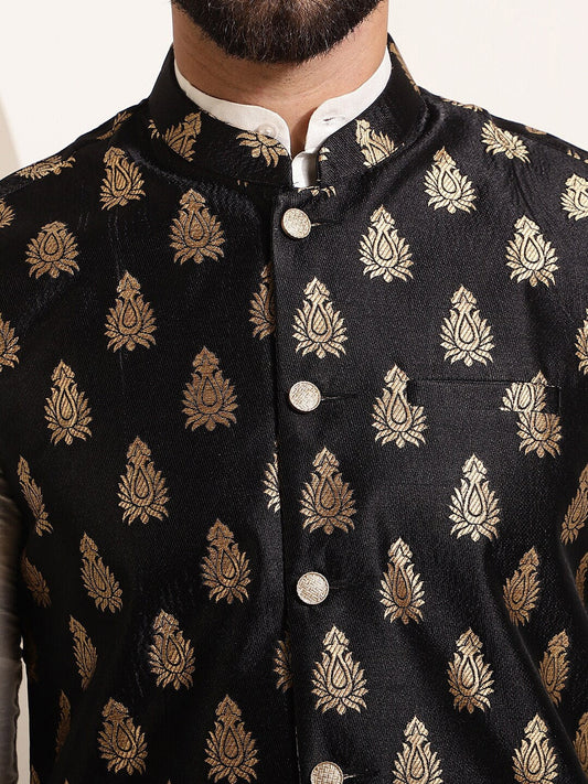 Sojanya Band Collar Straight Kurta & Churidar with Nehru jacket | Swadesiicart