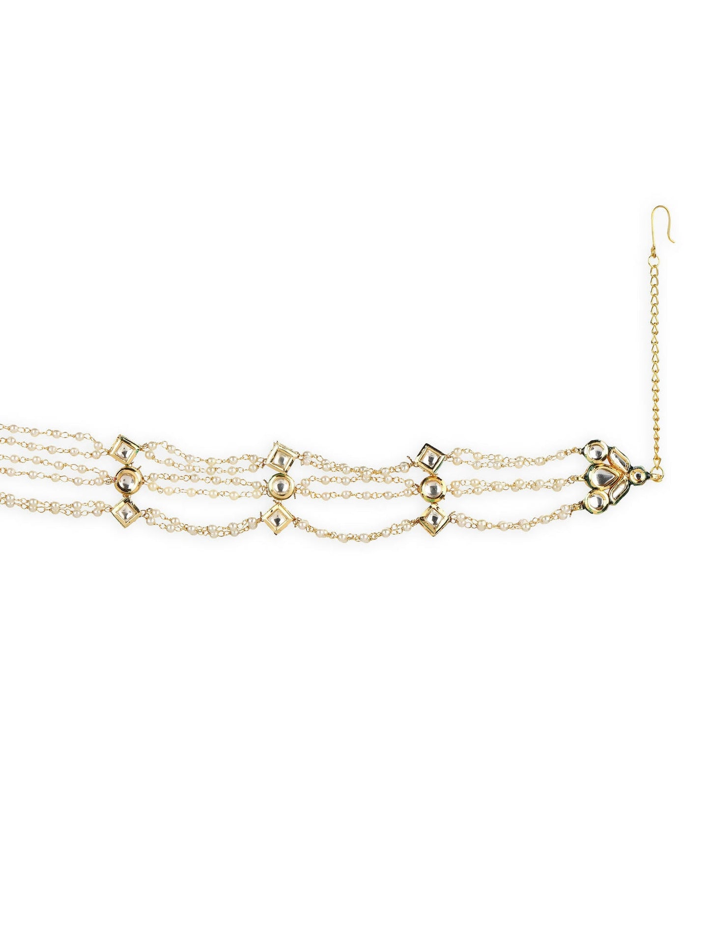 Gold-Polished White Kundan-Studded Pearl Head Chains - Ruby Raang | Swadesiicart