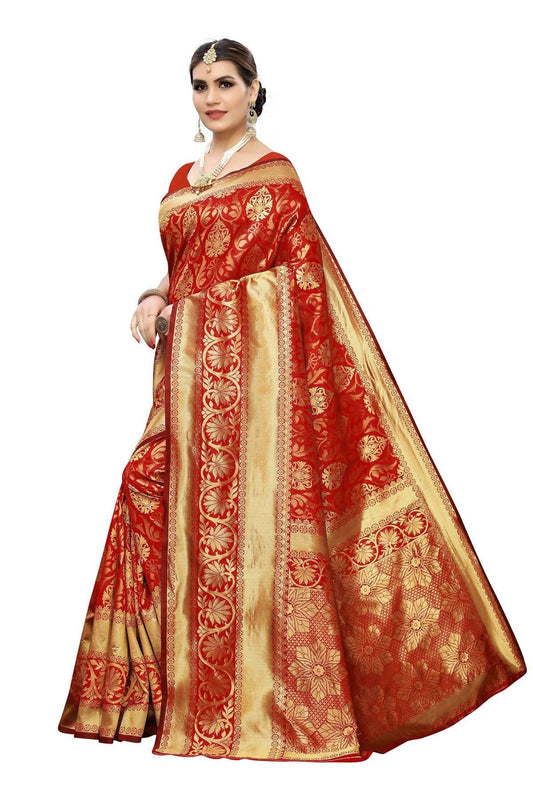 Vamika Banarasi Jaquard Red Weaving Saree | Swadesiicart