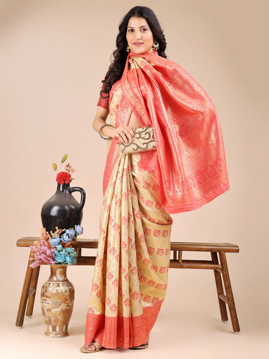 Astita Aura Silk Cream Red Banarasi Silk Saree | Swadesiicart