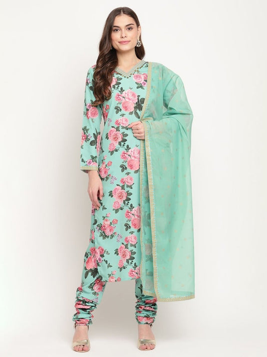 Ahalyaa Women Green Floral Printed Regular Kurta Churidar Set & With Dupatta | Swadesiicart