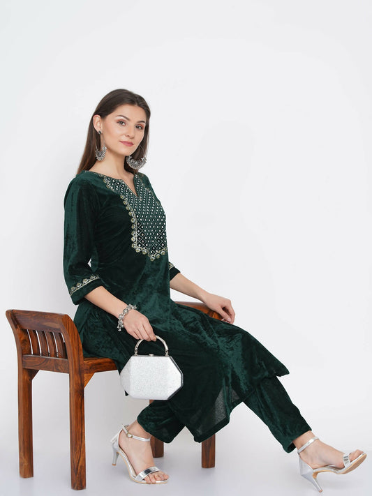 Women Republic Green Velvet Embroidered Kurta With Pant | Swadesiicart