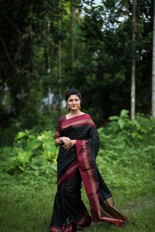 Vishnu Weaves Women's Black Raw Silk Checks Zari Woven Saree with Unstitched Blouse - Swadesiicart