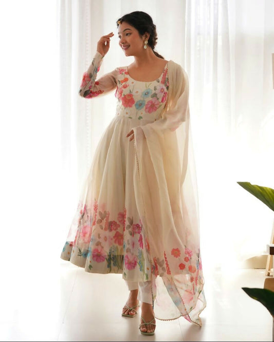 Joban Fashion Cream Kurta Set Organza Sequin Embroidery Work