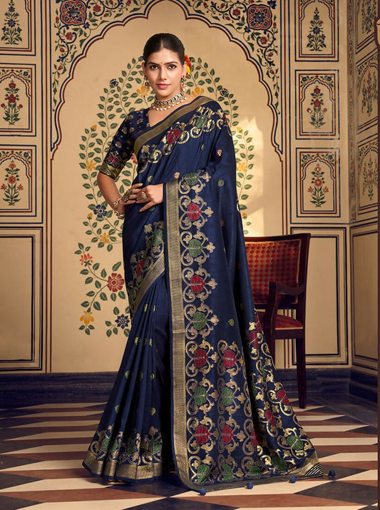 Monjolika Fashion Navy Blue Silk Blend Banarasi Zari Work Classic Saree | Swadesiicart