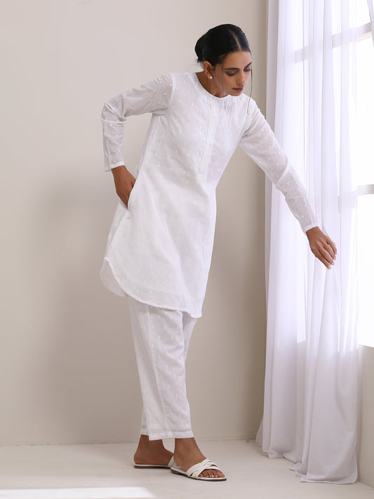 trueBrowns White Dobby Front Placket Co-Ord Set - Swadesiicart