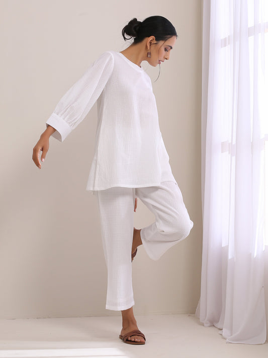 trueBrowns White Dobby Baggy Sleeve Co-Ord Set - Swadesiicart