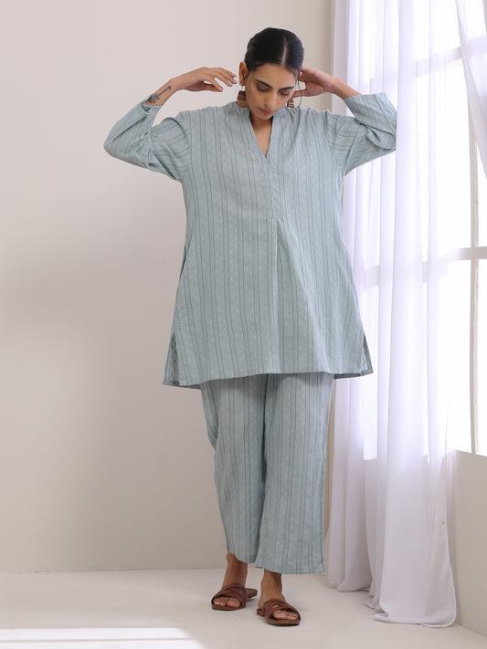 trueBrowns Eggshell Blue Dobby Relaxed Fit Co-Ord Set - Swadesiicart