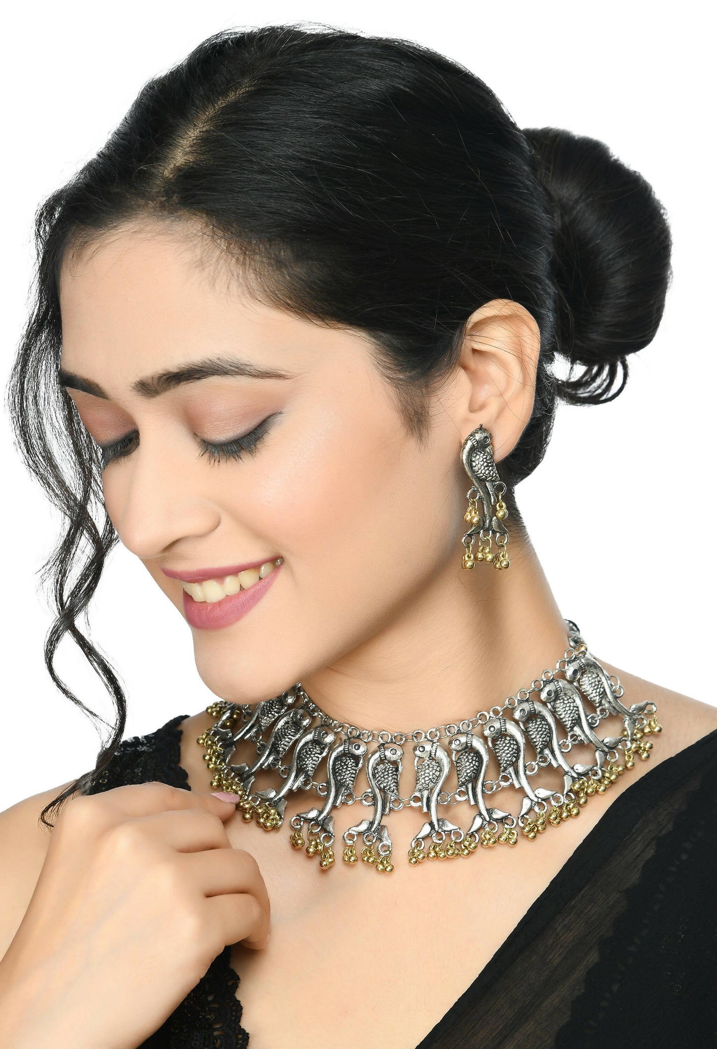 Mominos Fashion Johar Kamal Oxidised Silver-Plated Brass Finish Peacock Choker For Women (Silver/Golden) | Swadesiicart