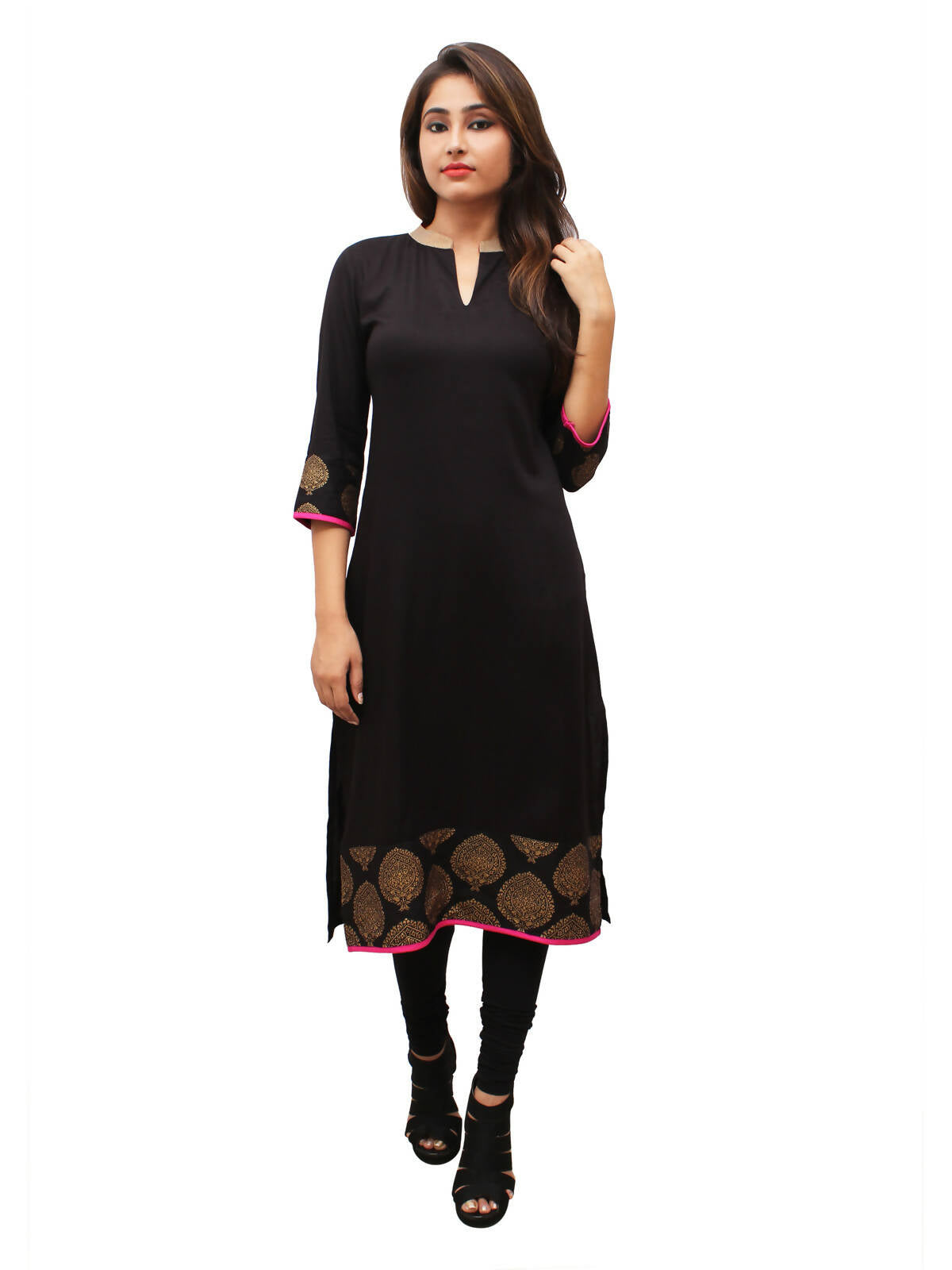 Women's Black Contrast Gold Print, V Nk Slit - G & A Apparels | Swadesiicart