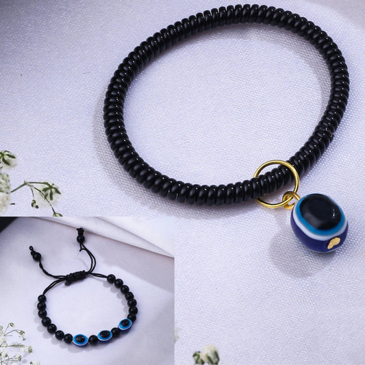 NVR Set of 2 Black Evil Eye Bracelet for Men's & Women