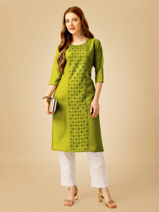 Jyoti Fashion Women's Green Cotton Blend Embroidered Kurta Pant Set - Swadesiicart