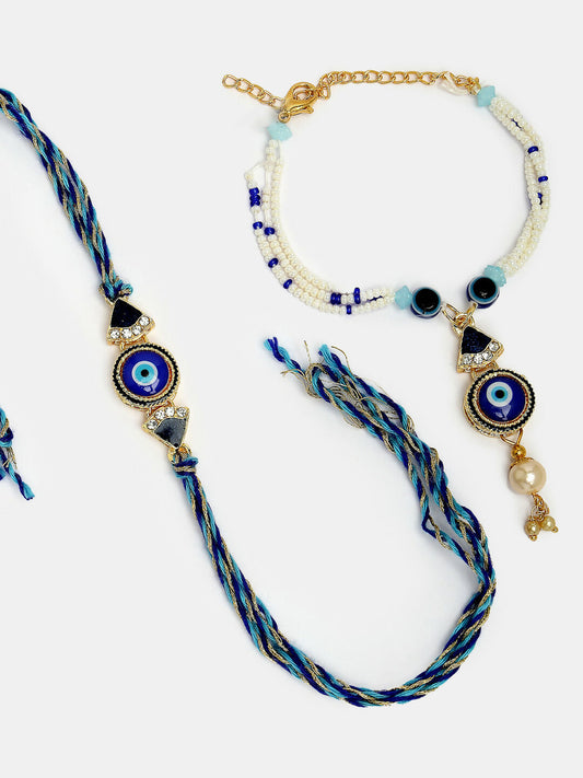 NVR Women & Men Set of 2 Blue Evil Eye Bhaiya Bhabhi Rakhi With Roli Chawal & Chocolate | Swadesiicart