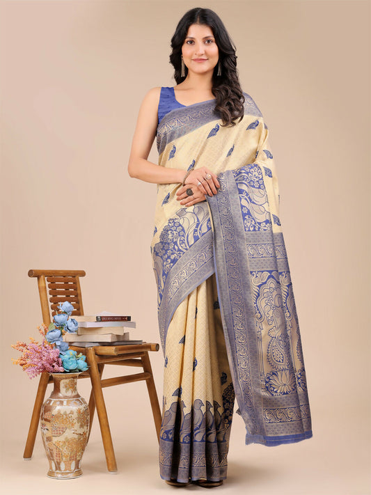 Astita Banarasi Silk Cream & Navy Blue Saree | Swadesiicart