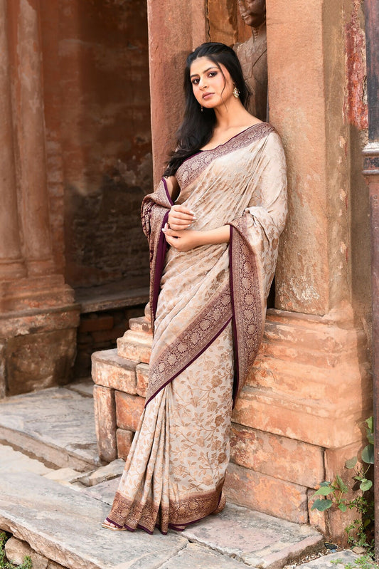 Joban Fashion Nude Grey Crepe Chiffon Pure Handloom Banarasi Silk Saree | Swadesiicart