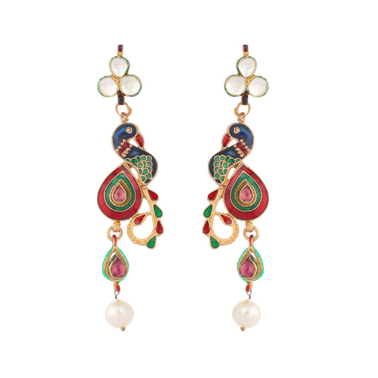 Nuyug 22K Gold Plated Pearl Drop Kundan Studded Ethnic Peacock Shaped Drop Earrings | Swadesiicart