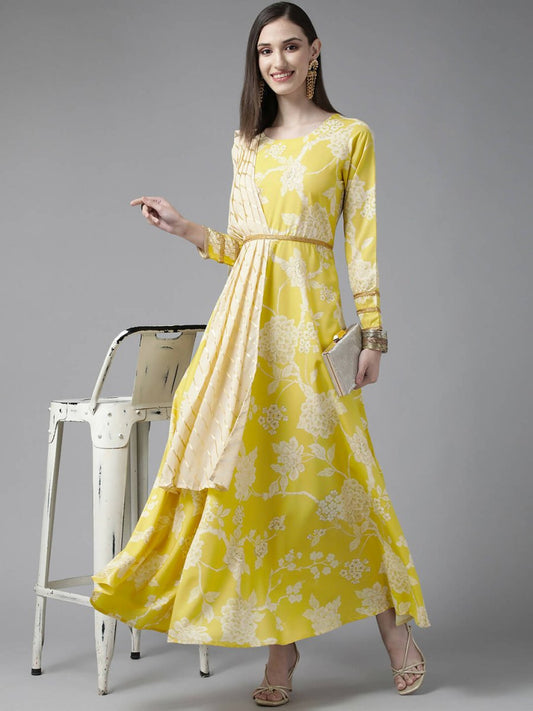 Ahalyaa Womens Lemmon Yellow Crepe Digital Printed Drapped Dress | Swadesiicart
