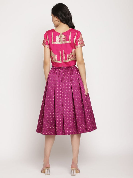 Ahalyaa Women's Pink Poly Silk Gold Foil Print Top With Skirt | Swadesiicart