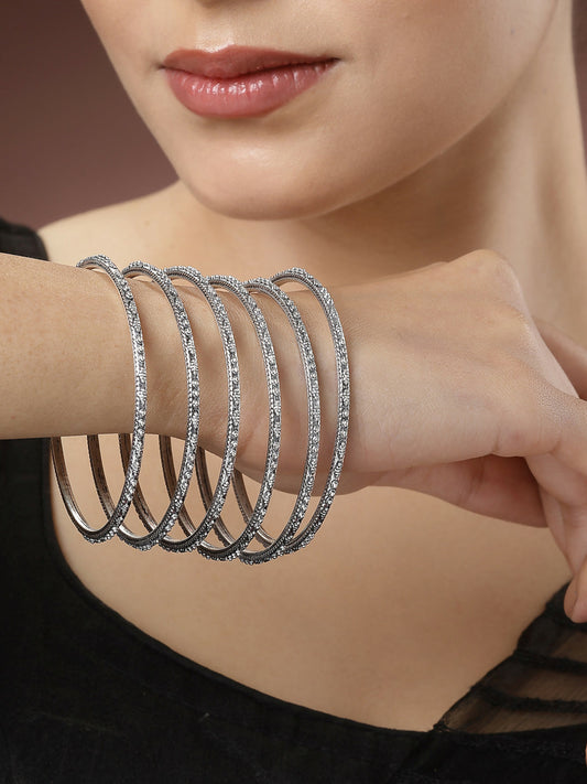 NVR Women's Set of 6 Silver-Toned German Silver Oxidised Bangles - NR Retail-NVR