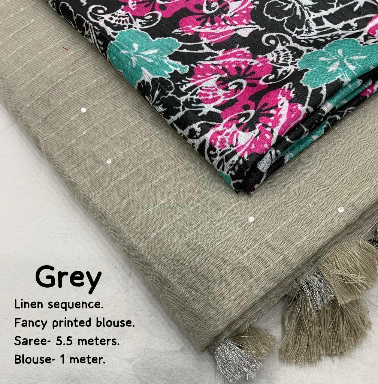 Grey Linen Sequence Saree with Unstitched Blouse - Hiral Fashion | Swadesiicart