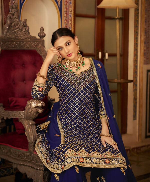 Blue Heavy Chinon Semi Stitched Kurta with Bottom & Dupatta - Dhvani
