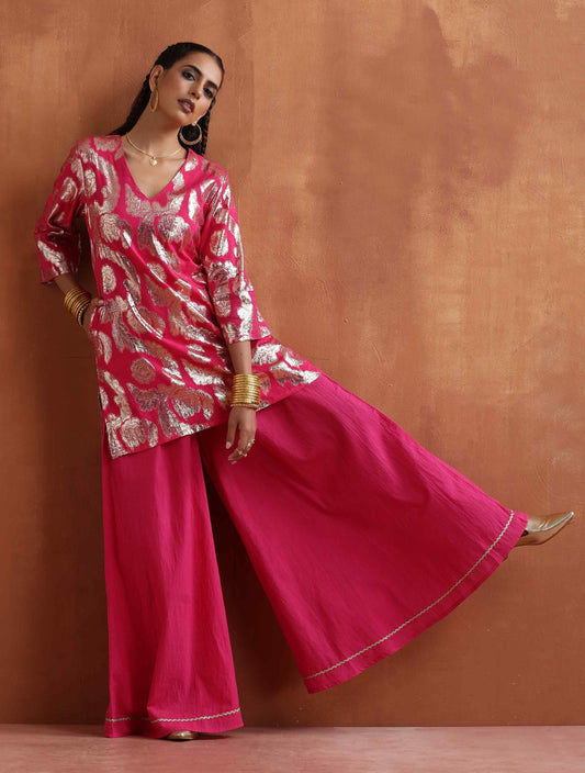 trueBrowns Pink Metallic Sharara Set | Swadesiicart