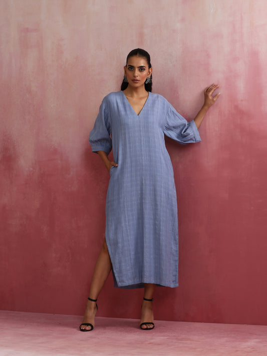 trueBrowns Sky Blue Cotton Dobby Dress | Swadesiicart