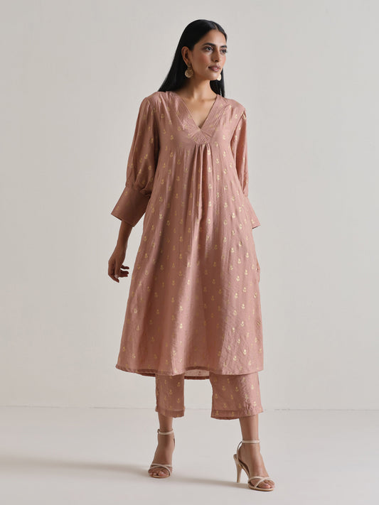 trueBrowns Beige Foil Puff Sleeve Kurta Set | Swadesiicart