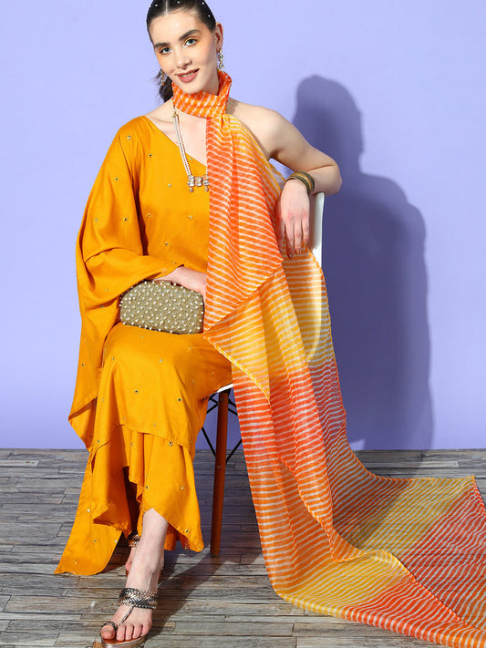 InWeave Women's Mustard Mirror Work One Shoulder Kurta Set With Dupatta - Swadesiicart