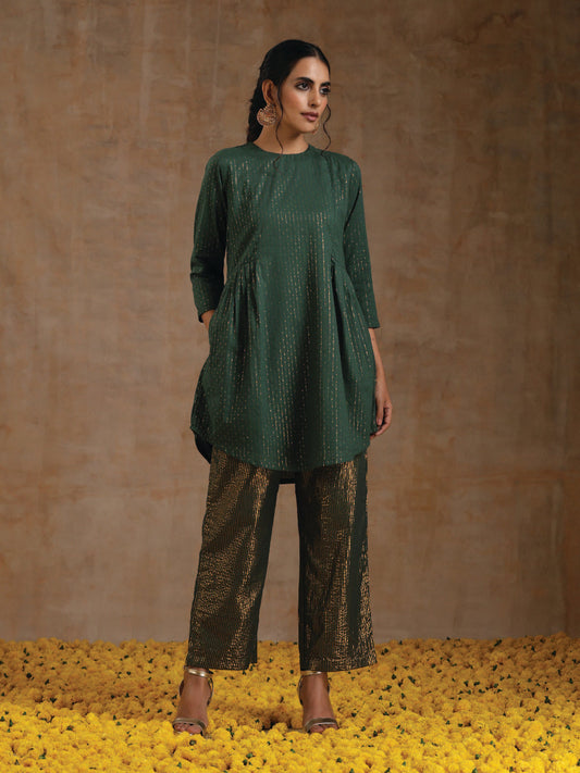 trueBrowns Dark Green Gold Cotton Side Gather Co-Ord Set - Swadesiicart