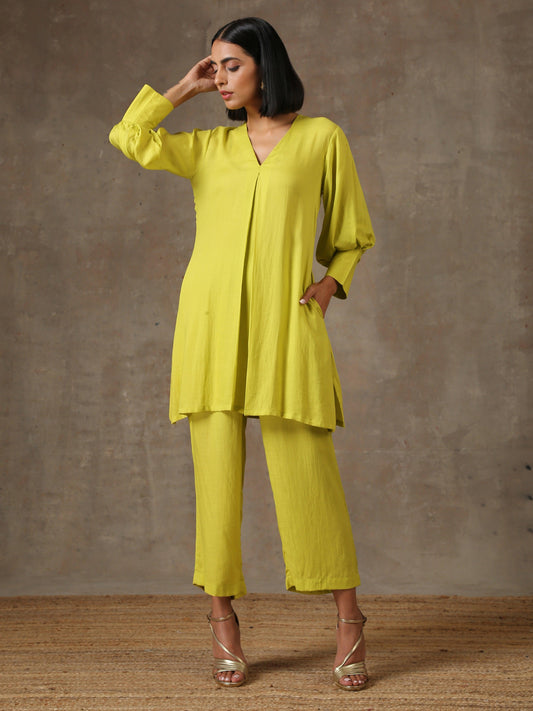 trueBrowns The Penelope - Lime Green Solid Textured Co-Ord Set - Swadesiicart