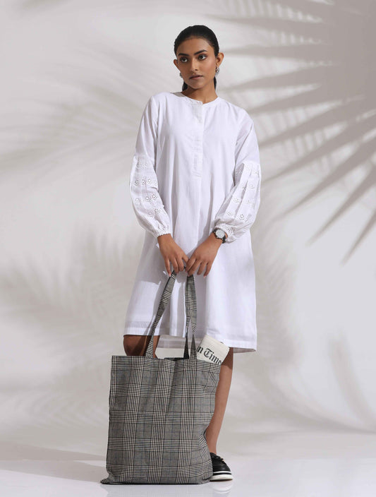 trueBrowns White Cotton Schiffli Short Dress | Swadesiicart