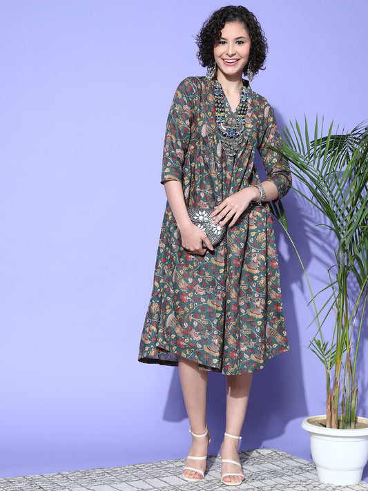 InWeave Women's Green Jaal Print Dress - Swadesiicart