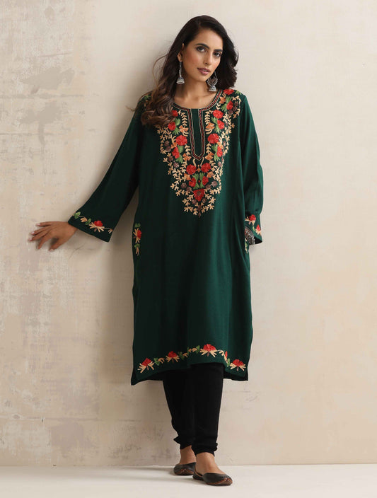 trueBrowns Green Kashmiri Floral Embroidered Woollen Phiran Kurta | Swadesiicart