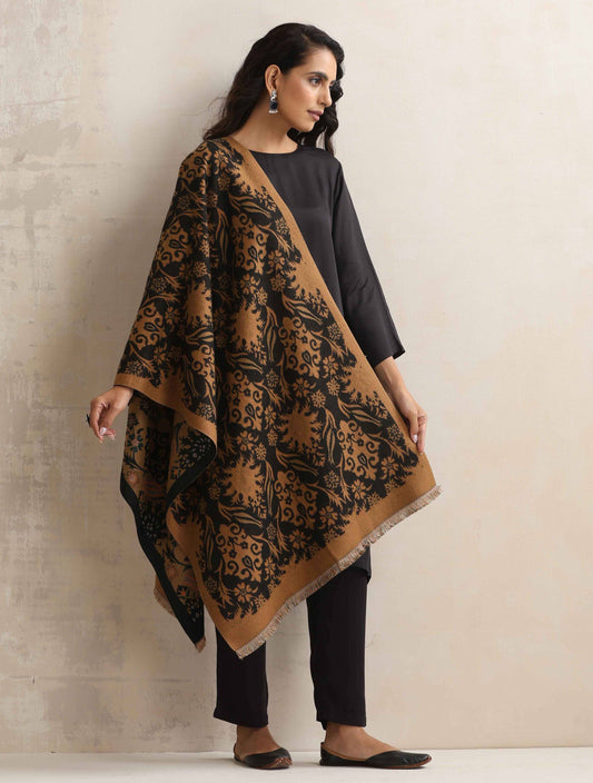 trueBrowns Brown Floral Reversible Woollen Stole | Swadesiicart