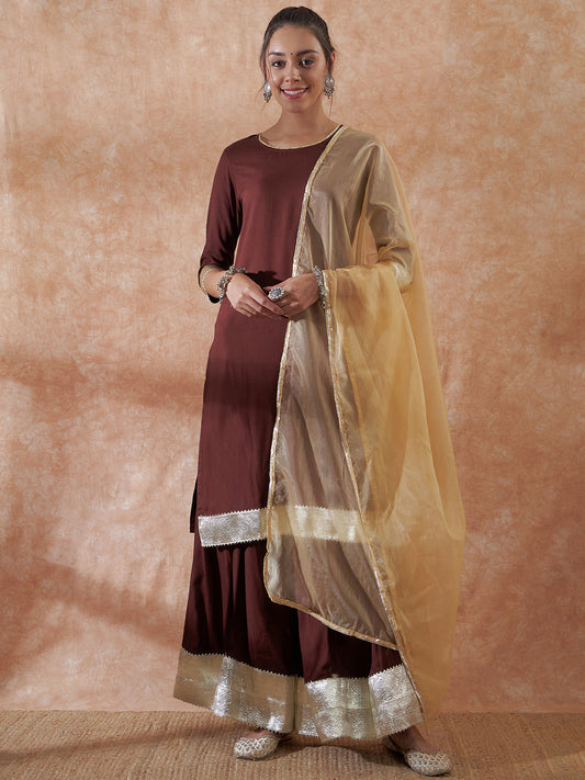 InWeave Women's Brown Gota Work Anarkali Kurta Set W Dupatta - Swadesiicart