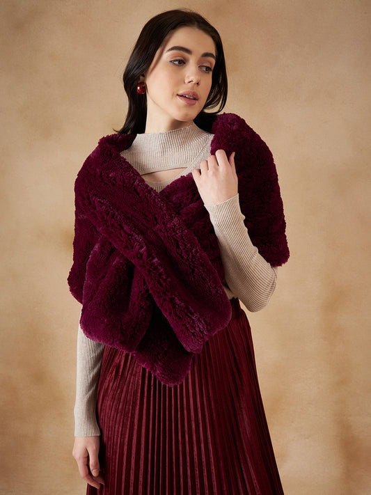 InWeave Women's Burgundy Long Faux Fur Cape - Swadesiicart