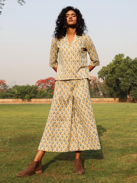 trueBrowns Light Sage Cotton Block Print Lapel Shirt Co-Ord Set - Swadesiicart