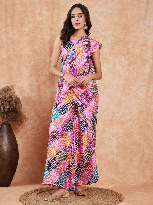 InWeave Women's Pink Square Multi Badhani Palazzo Saree - Swadesiicart