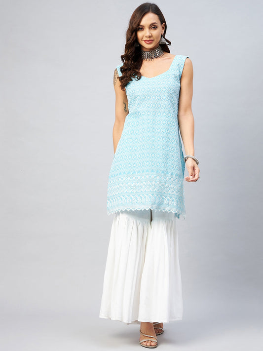 InWeave Women's Sky Blue Sweetheart Neckline Kurta - Swadesiicart