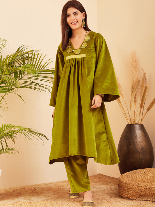 InWeave Women's Olive V Neck Asymmetrical Pleated Velvet Kurta Set - Swadesiicart