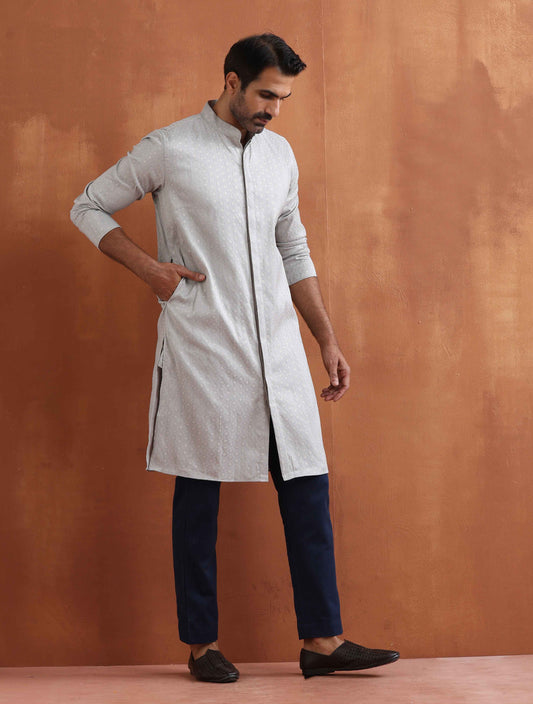 trueBrowns Men's Grey Chanderi Front Open Kurta | Swadesiicart