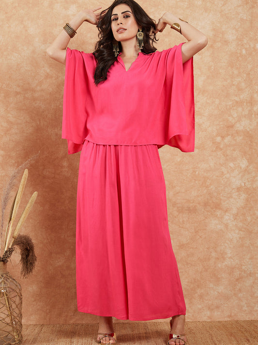 InWeave Women's Fuchsia Solid Collar Neck Boho Top Bottom Set - Swadesiicart