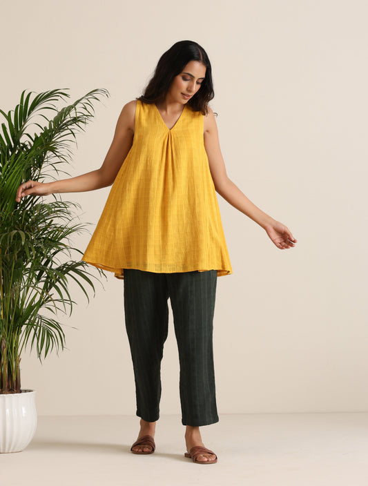 trueBrowns Mustard Cotton Dobby Sleeveless Co-ord Set - Swadesiicart