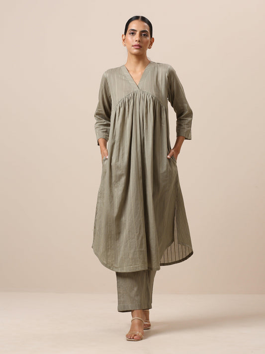 trueBrowns Cotton Olive Green Flared Slit Kurta Pant Set | Swadesiicart