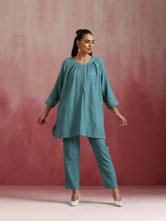 trueBrowns Light Blue Cotton Dobby Co-ord set - Swadesiicart