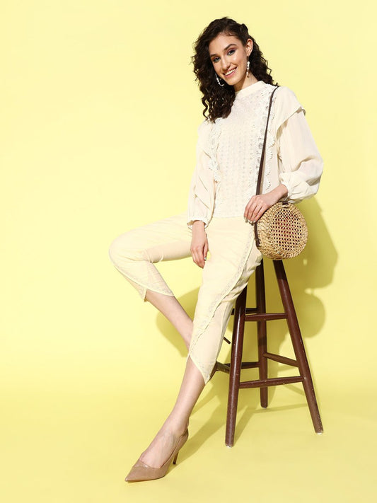 Ahalyaa Beige Floral Lace Insert Dhoti Pants | Swadesiicart