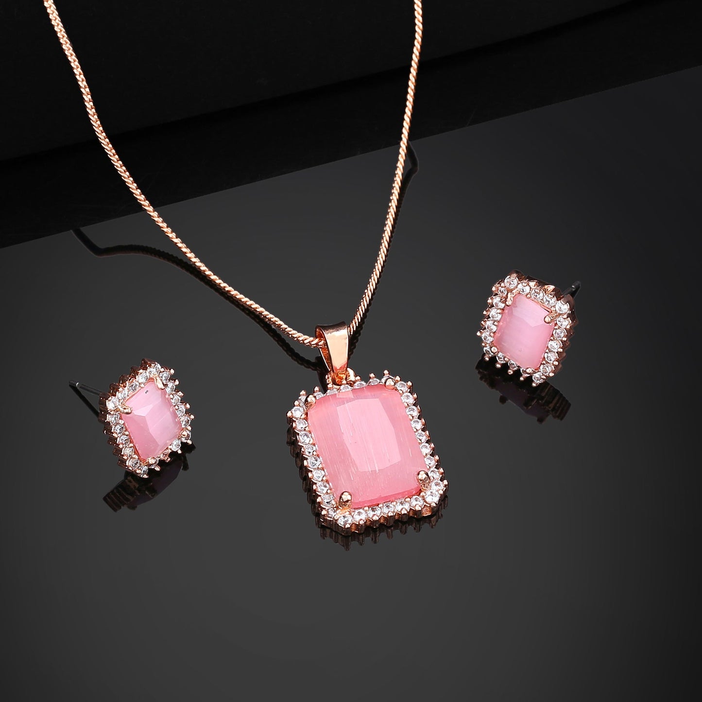 Estele Rose Gold-Polished CZ Attractive Square Designer Pendant Set with Mint Pink Crystals for Women | Swadesiicart