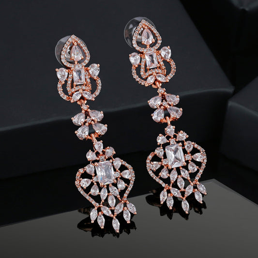 Estele Rose Gold-Polished CZ Magnificent Drop & Dangle Earrings with White Crystals for Women