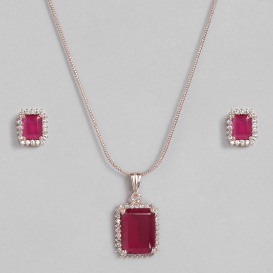 Estele Rose Gold-Polished Stylish Square Pattern Pendant Set with Ruby American Diamonds for Girls & Women | Swadesiicart